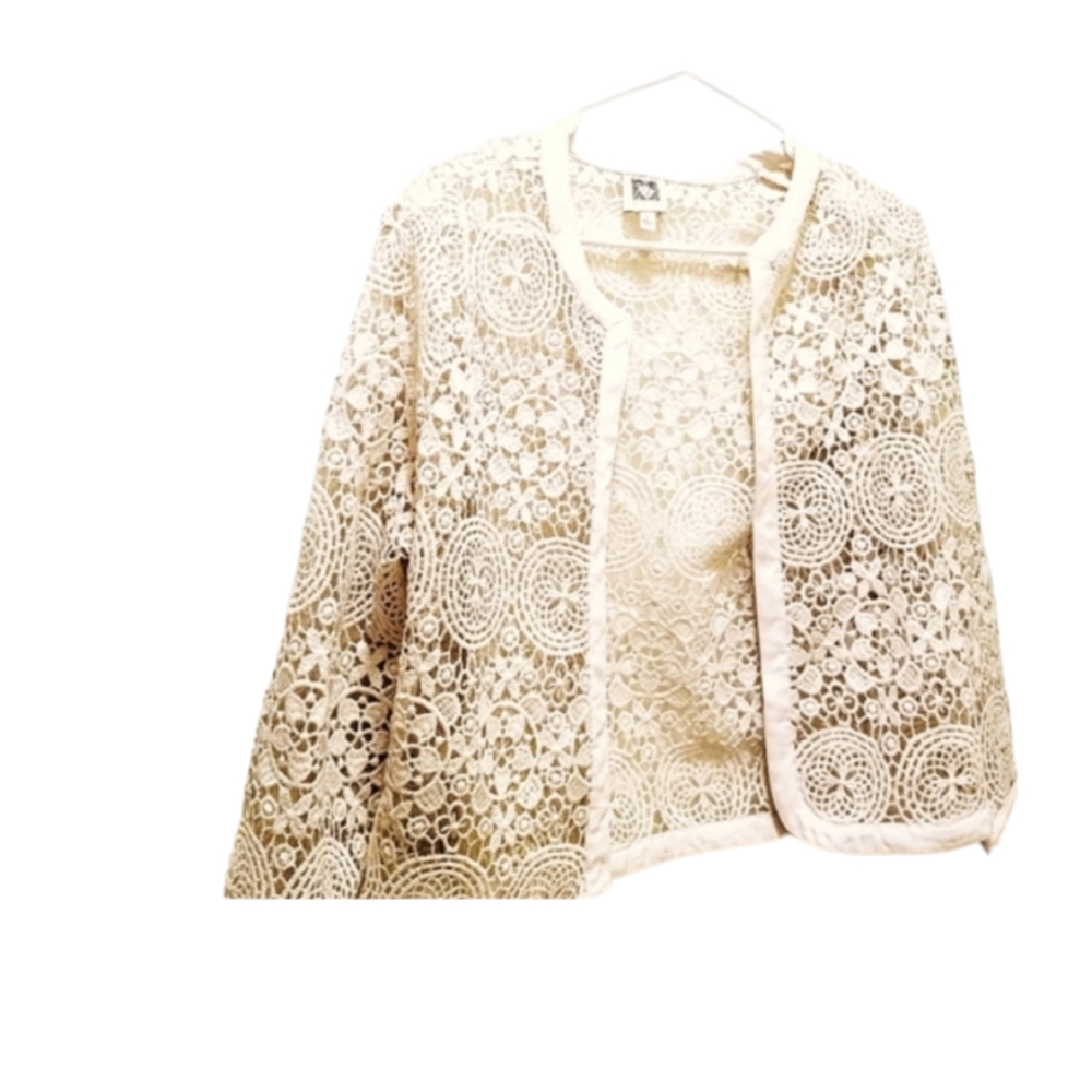 Anne Klein womens size 8 medium lace design cream long sleeve cardigan